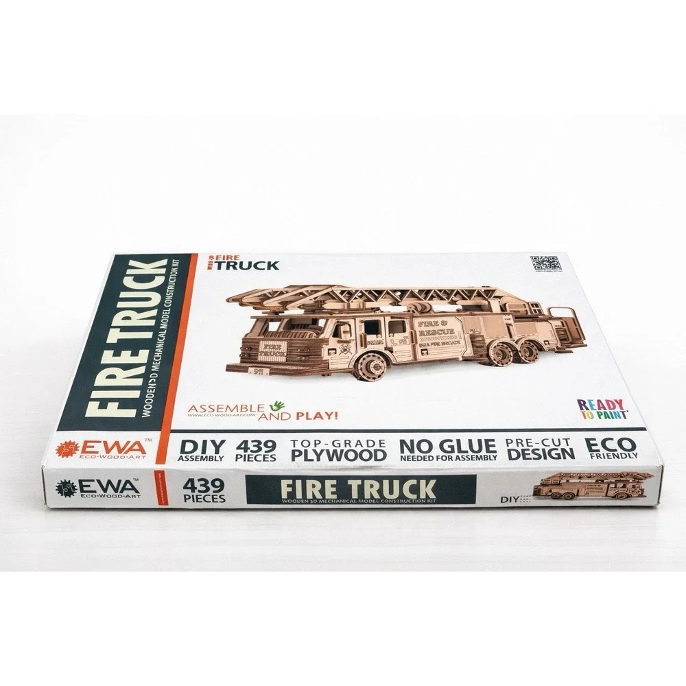EWA Eco-Wood-Art Fire Truck 3D Wooden Model Kit 439pc DIY Wind Up No Glue